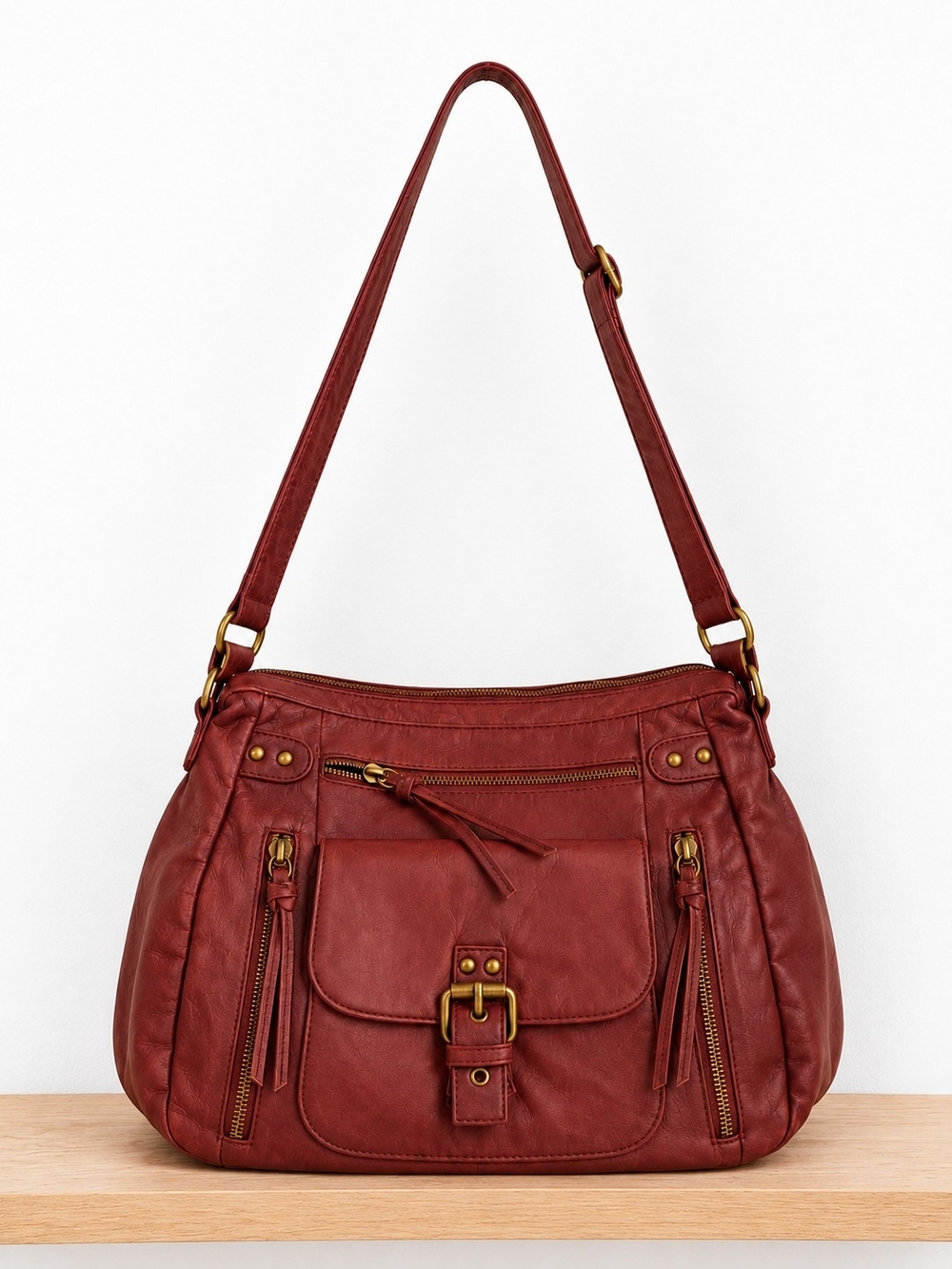 Women's Burgundy Shoulder Bag with Front Buckle Pocket